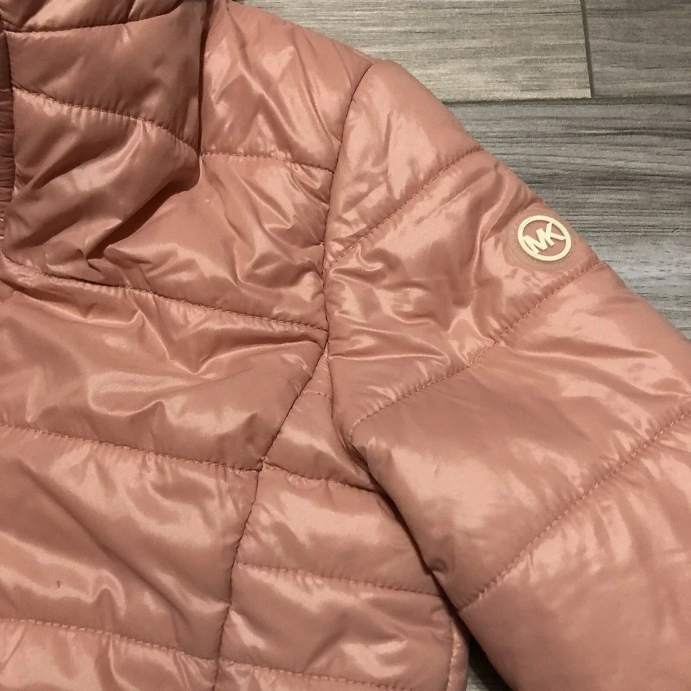 MICHAEL KORS Girls Puffer Zip Jacket Hooded Faux Fur Lined Blush Pink Sz‎ 6X EUC